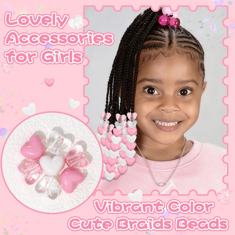 VENOFEN 88PCS Pink White Hair Beads for Braids Lovely Heart Shape Loc Dreadlock Bead Accessories Cute Acrylic Small Pony Beads for Kids Girls - Image 3